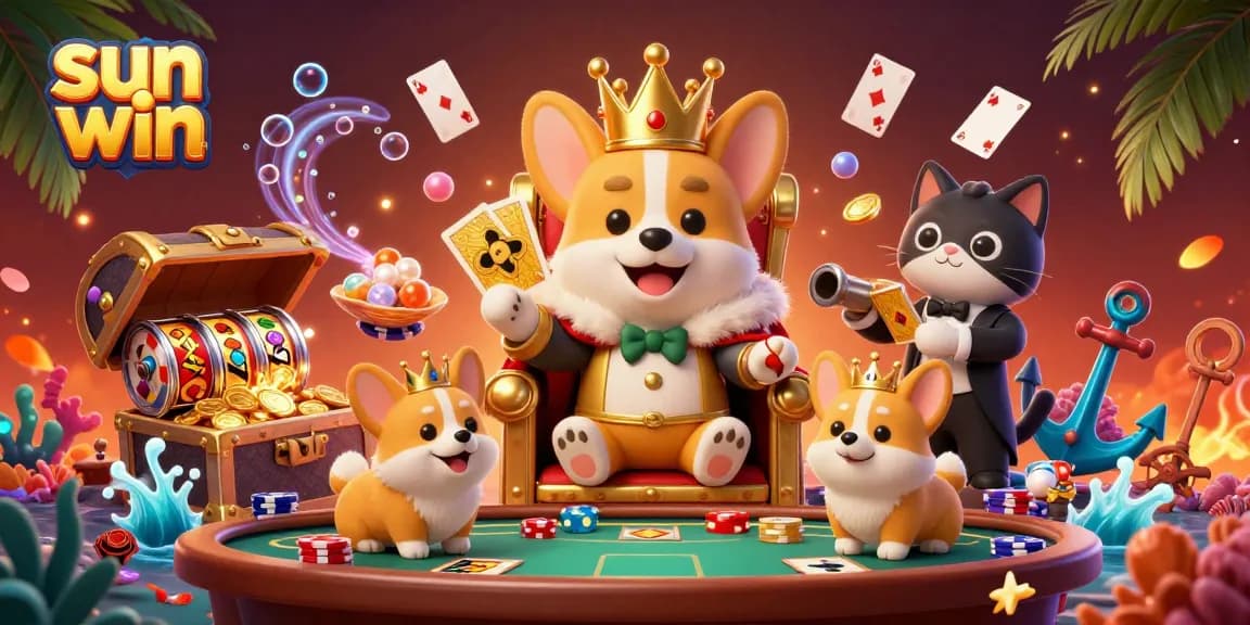 Win big with sun win while enjoying a lavish casino experience illustrated with royal corgi and cat butler.
