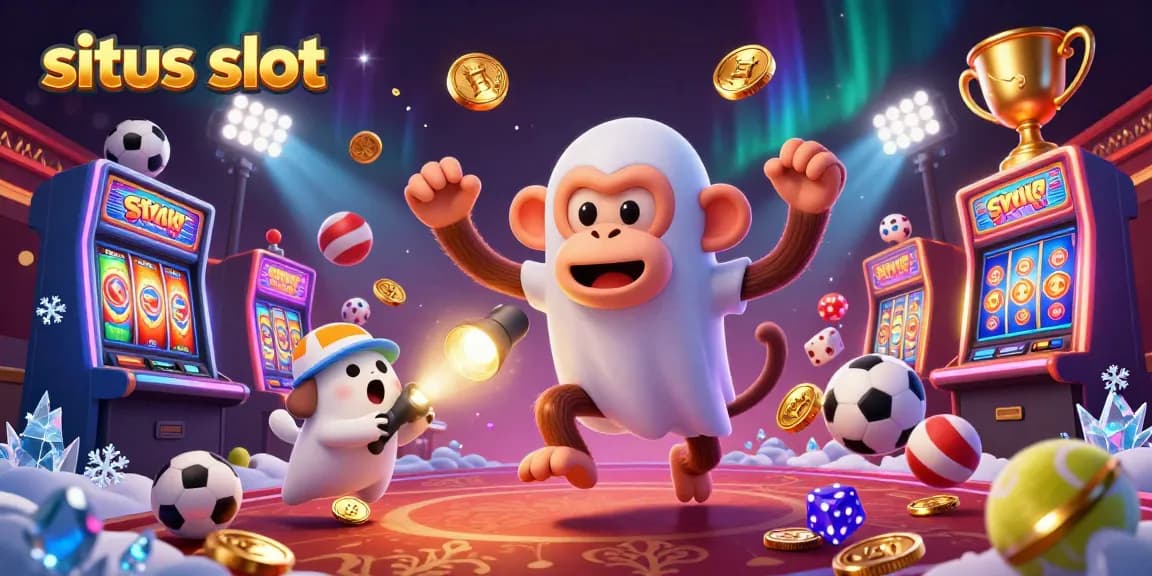 Engage in thrilling action on the situs slot with a playful ghost and a curious puppy in a vibrant casino.