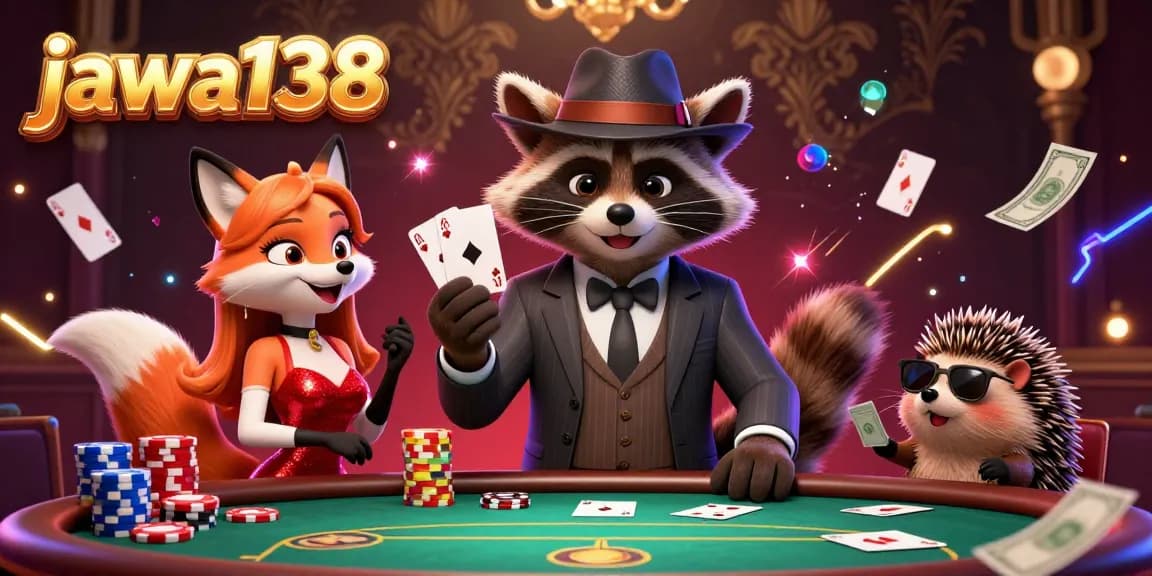 jawa138 showcases an exciting poker scene with a raccoon, fox, and hedgehog, capturing thrilling gameplay.