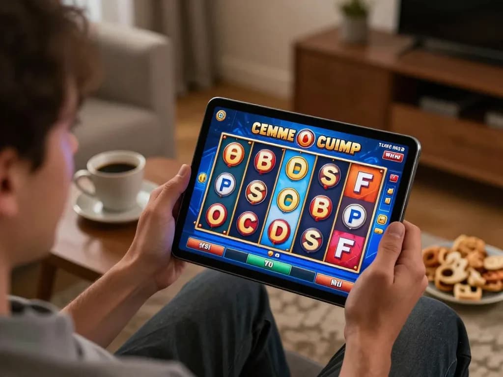 Engaging in Sloot Online gaming with colorful interface on tablet in cozy home