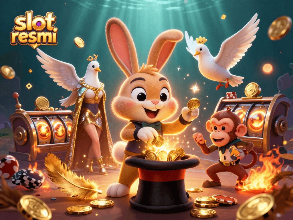 Slot resmi menampilkan kelinci penyihir dan karakter kasino menarik koin emas dengan efek magis