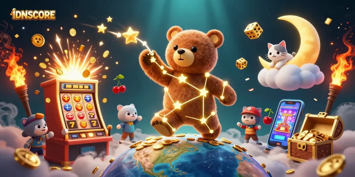 Experience thrilling gameplay at IDNSCORE with vibrant 3D illustrations of slot machines and constellation characters.