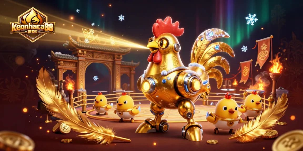 Engage in thrilling wins at keonhacaibet888 with the retro-futuristic golden rooster robot and its flying chick drones.