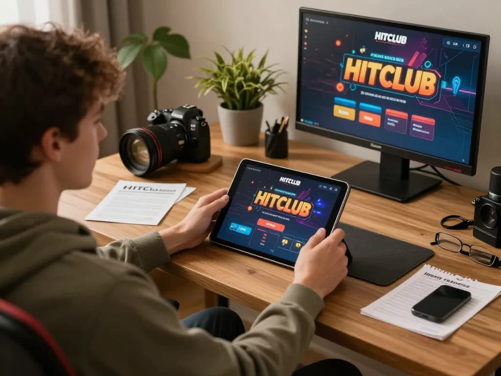 Engaging with the Hitclub casino app, a player strategizes from a cozy home office.
