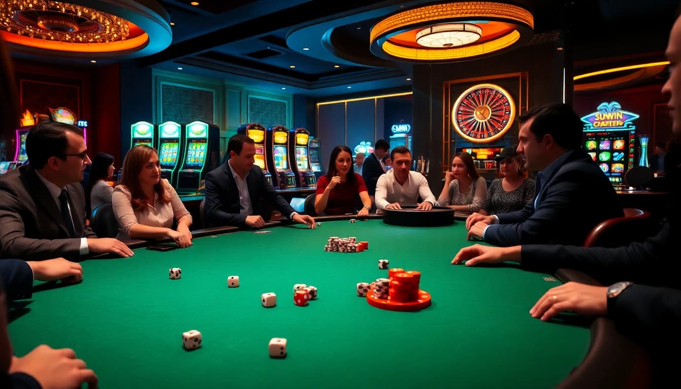 Gamble with joy at https://sunwin.builders/ while playing a vibrant poker game in a luxurious casino.