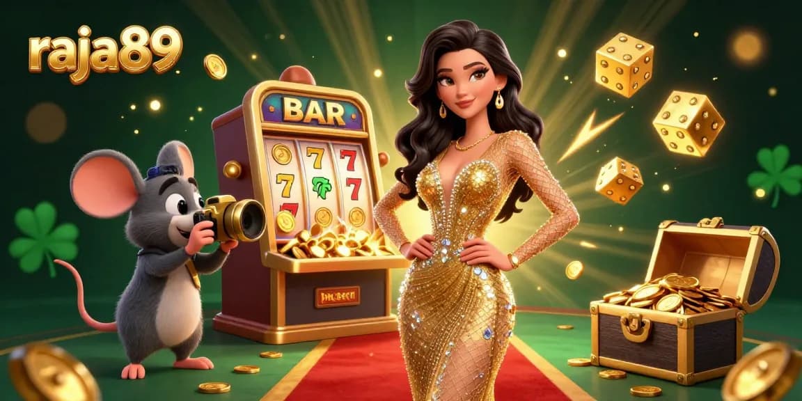 Experience the thrilling world of raja89 with a vibrant jackpot scene filled with gold coins and slot machines.
