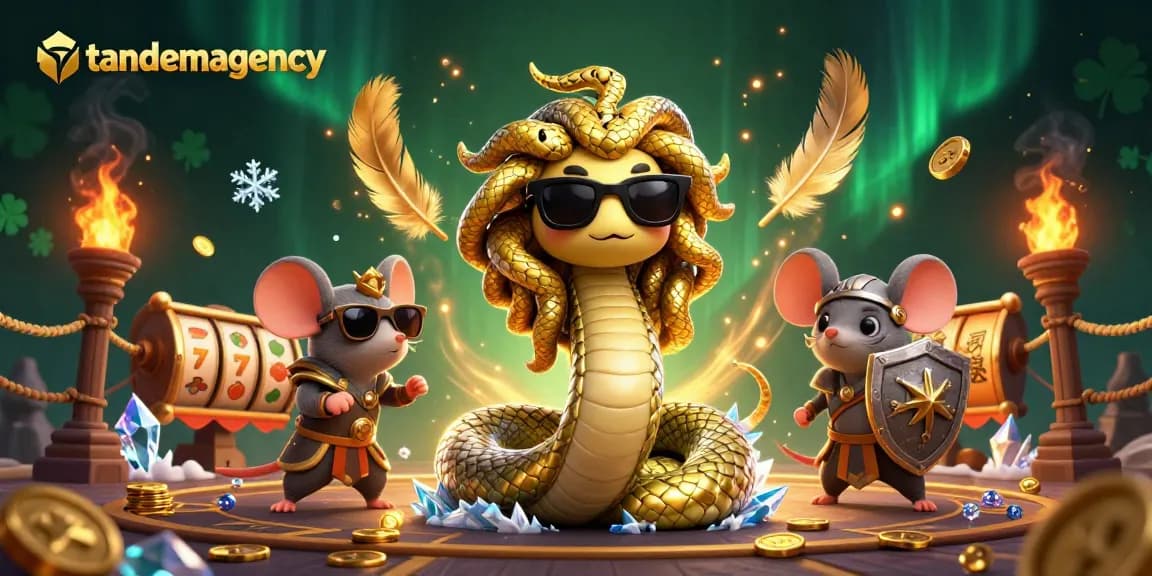 Win big with tandemagency in a dynamic casino scene featuring Medusa and a warrior mouse.