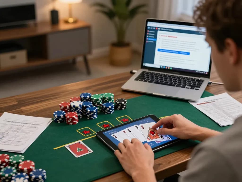 MPO08 player enjoying live dealer blackjack game on tablet with chips and cards in view.