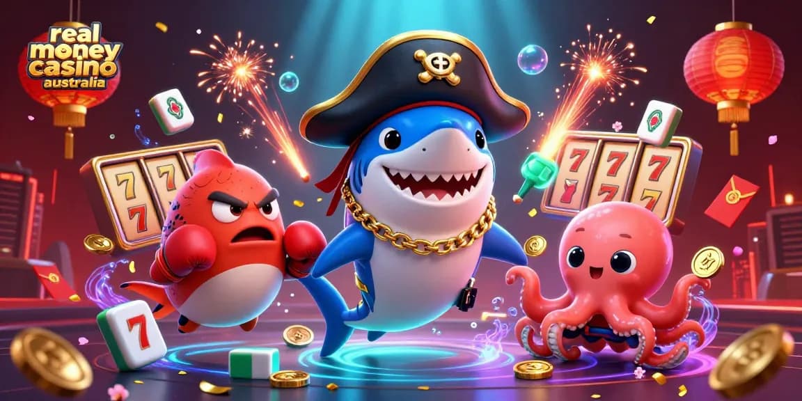 Engaging scene depicting characters promoting real money casino australia, featuring a pirate shark, pufferfish, and octopus.