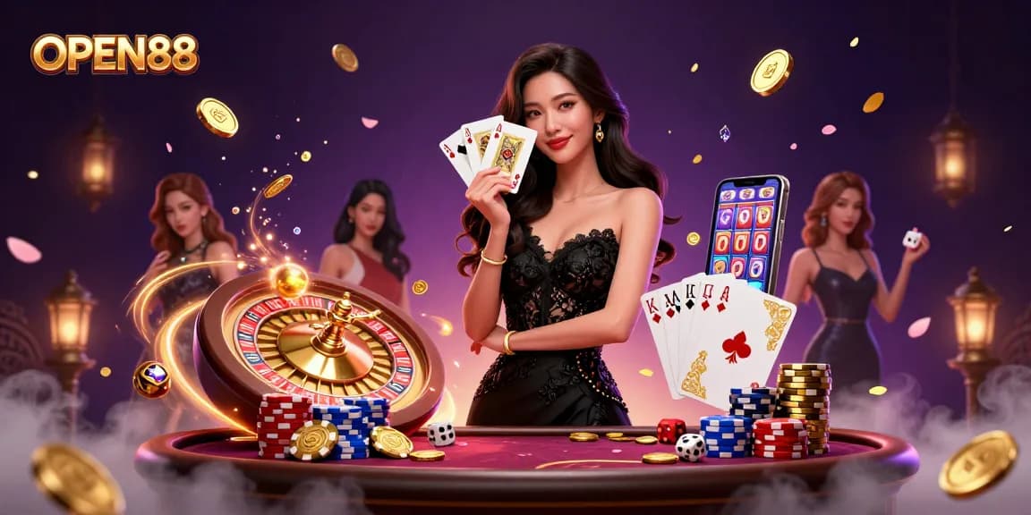 Join the exciting world of OPEN88 with a stylish Asian woman showcasing her gaming prowess at a lavish casino.
