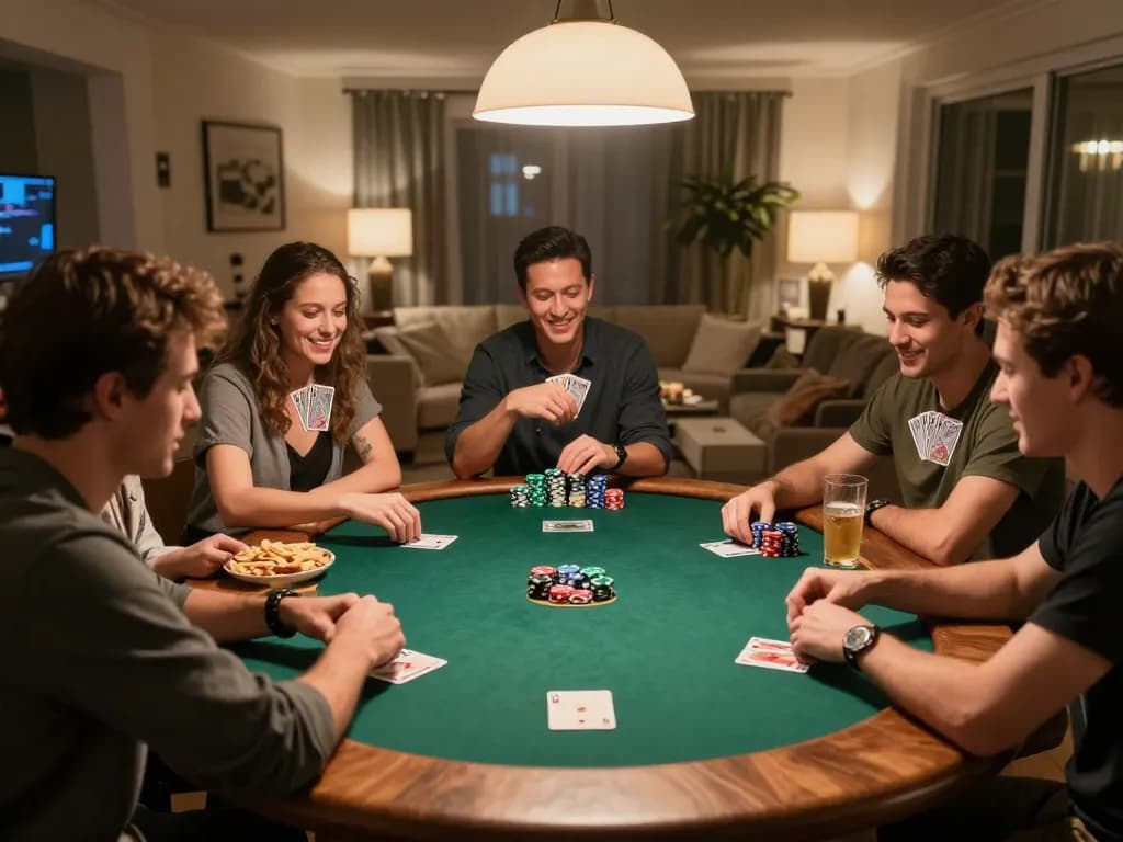 Friends enjoying a poker night at home, with lively atmosphere and strategic gameplay featuring sc88e.