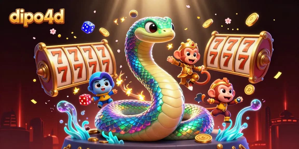 Dive into dipo4d's vibrant world of gaming with a 3D scene showcasing dynamic slot reels and colorful characters.