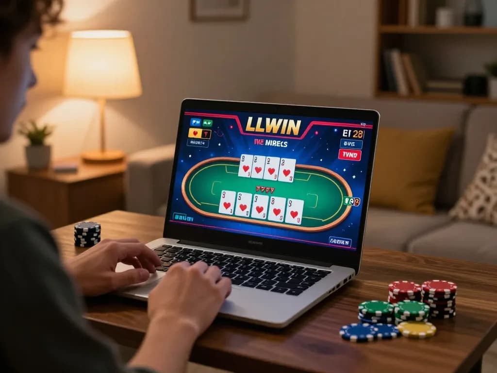 Player engaging with the LLWIN online casino interface on laptop, showcasing a poker game
