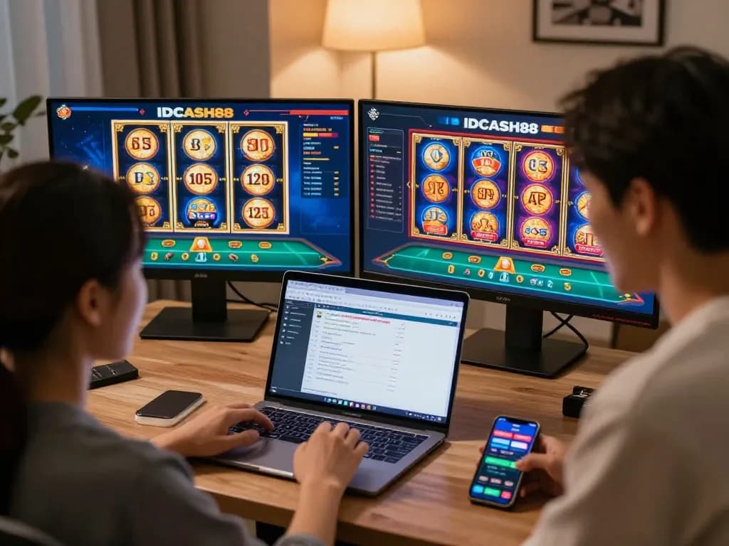IDCASH88 platform showcased on dual screens in a cozy home office, illustrating online gaming engagement.