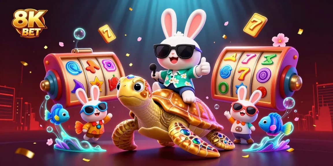 Engage with 8K BET in a vibrant slot gaming adventure featuring a lucky rabbit and golden sea turtle.