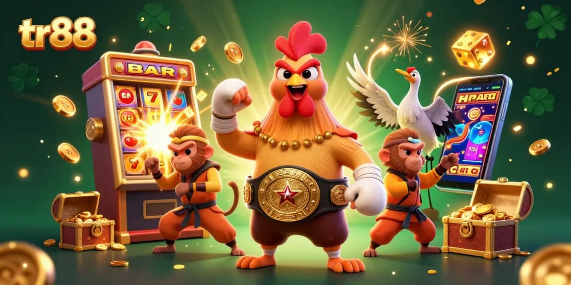 Experience thrilling gaming action with TR88's vibrant 3D casino illustration showcasing dynamic characters and elements.