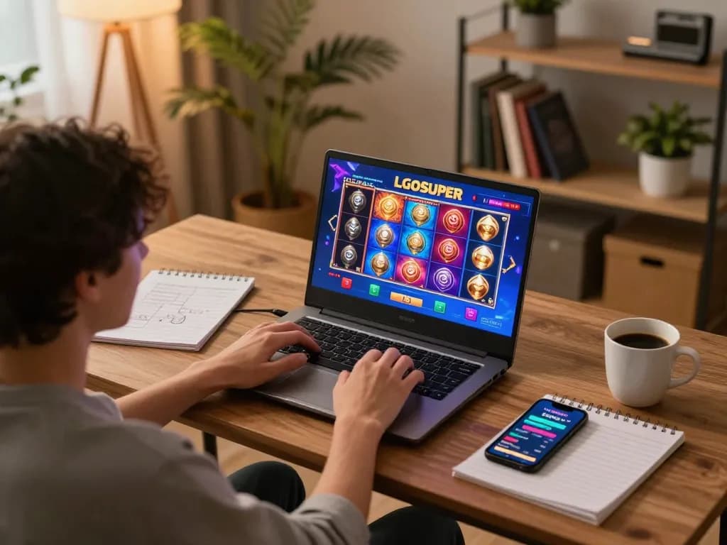 Engaging player focusing on LGOSUPER slot game on laptop in a cozy home gaming setup.