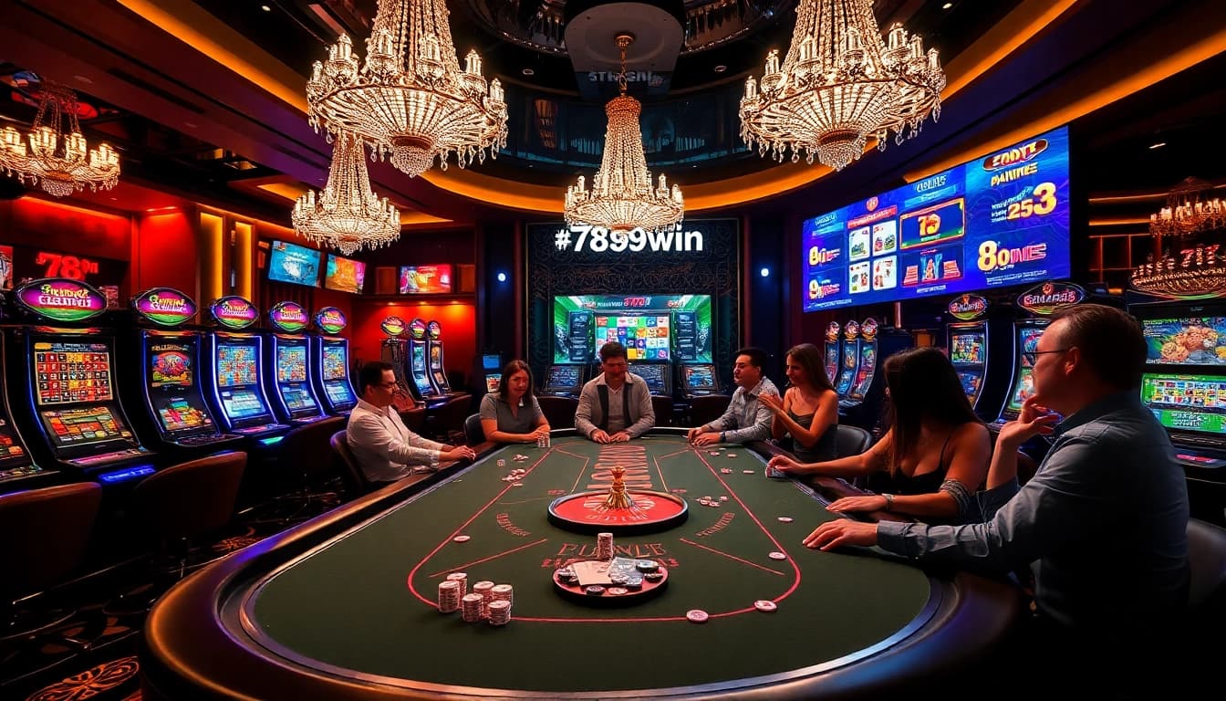 Excited gamblers playing at a lavish casino table, featuring 789win's vibrant games and betting options.