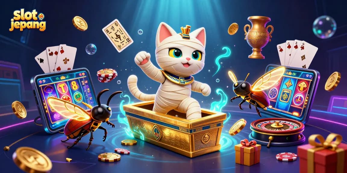 Win big with slot jepang as the Egyptian mummy cat bursts forth in a vibrant pyramid casino scene.