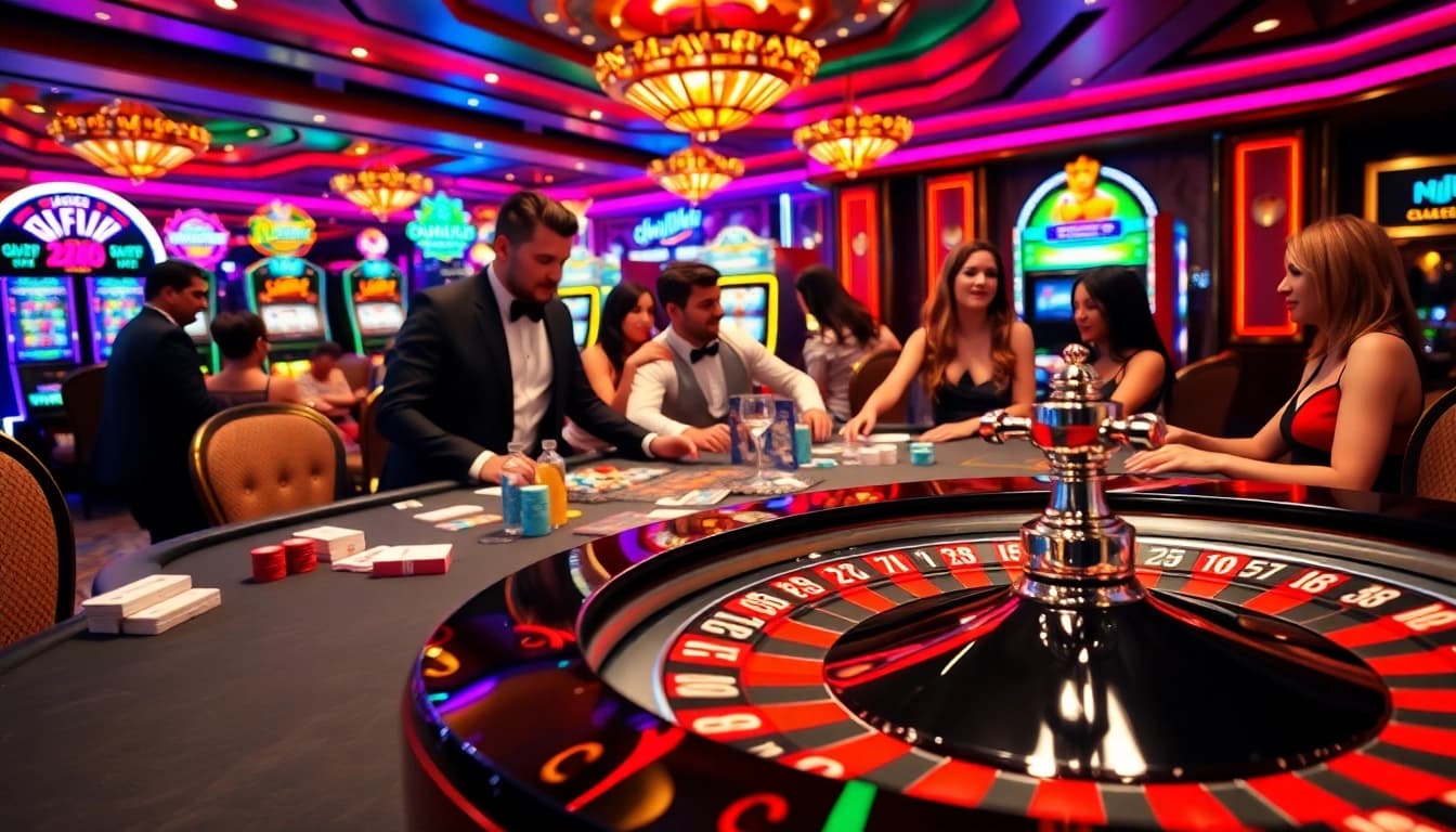 Okfun players enjoy vibrant casino games at a lively gaming table filled with excitement.