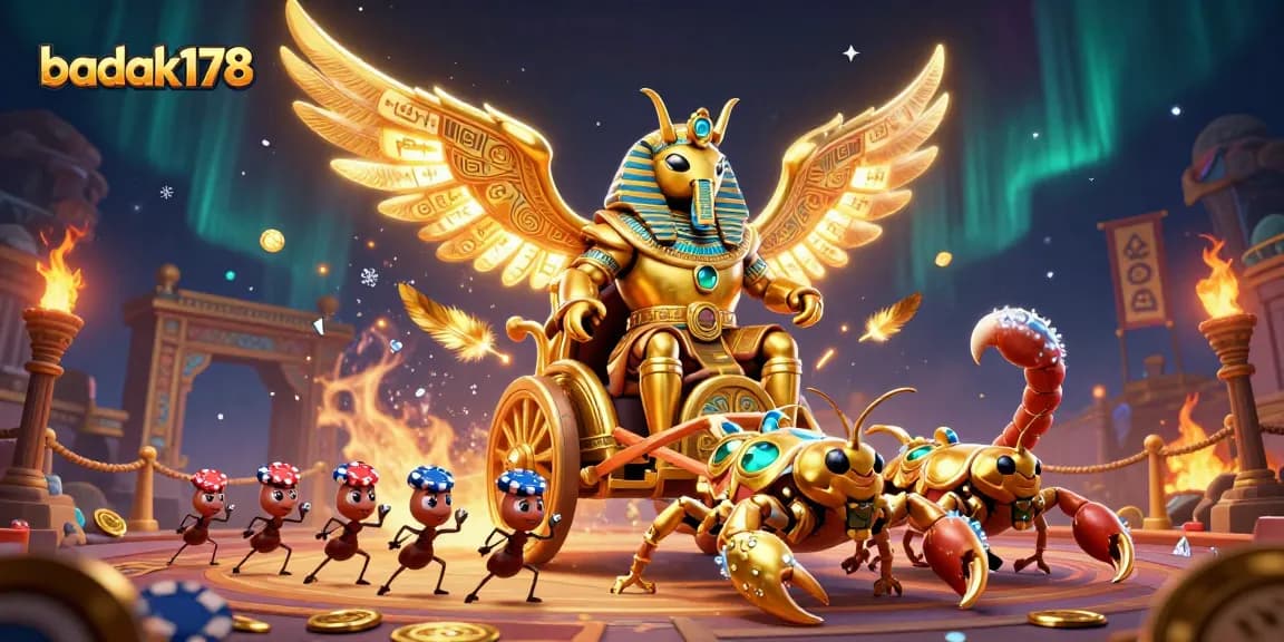 Engage with badak178 casino experience featuring intricate 3D art of a beetle chariot and poker chip ant soldiers.