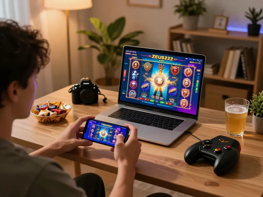 Player engaging with ZEUS222 mobile app during an online gaming session at home