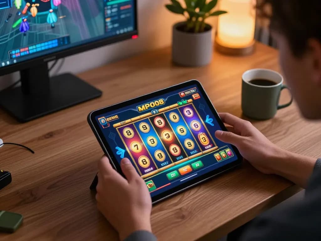 MPO08 gaming experience on tablet with exciting slot visuals in a stylish home setting