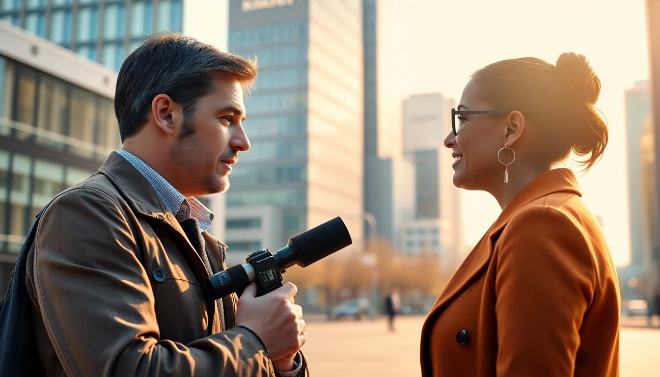 Capture a moment from https://www.thedailynewsonline.com's lively news reporting scene, showcasing a journalist's interview.