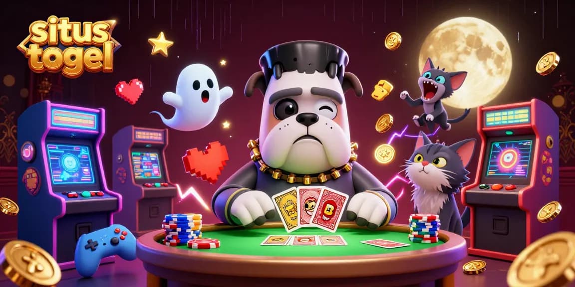 Situs togel gaming scene with cartoon monsters dealing cards amid neon casino elements.