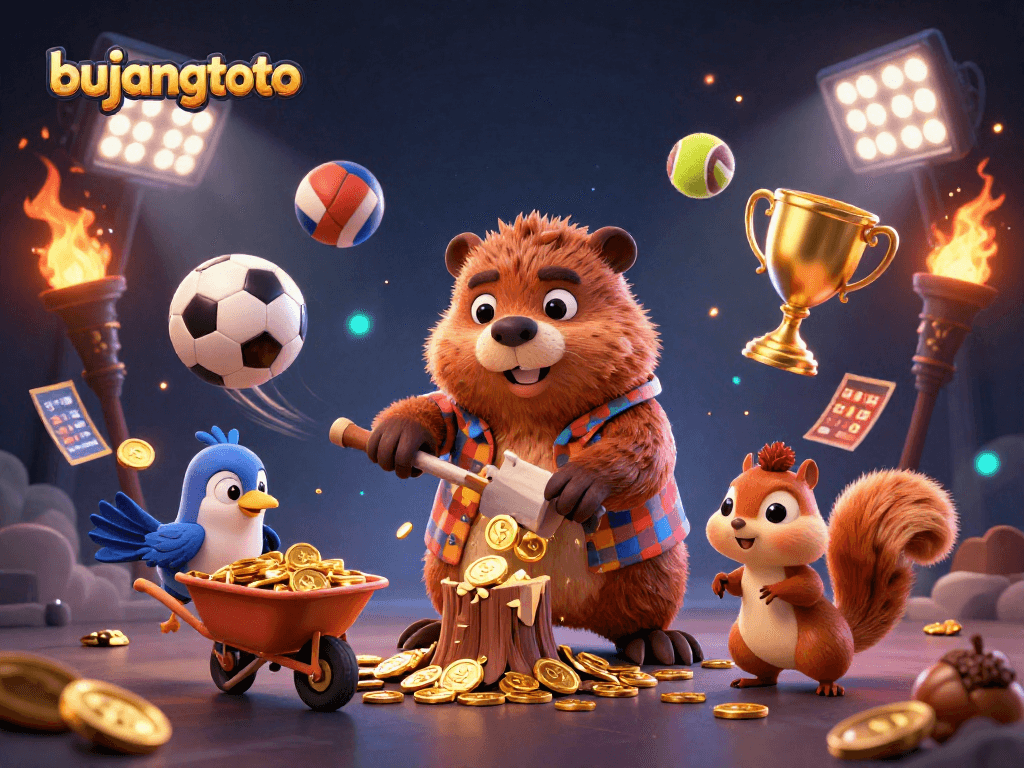 Gambarkan bujangtoto seperti beaver pemotong kayu di kasino dengan koin emas yang jatuh.