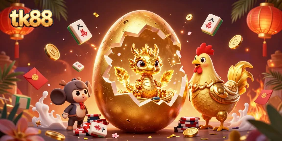 Engage in exciting gaming at tk88, where a golden dragon and poker chips create a lively casino ambiance.