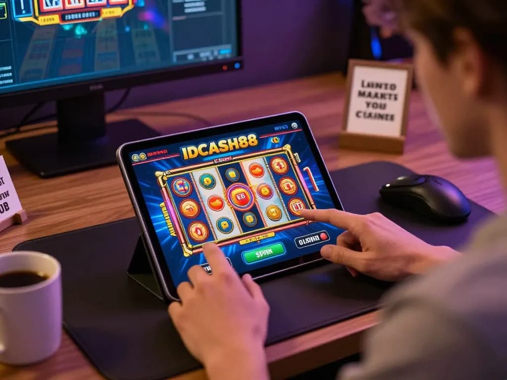 IDCASH88 player excitedly spinning slots on a tablet in a cozy home gaming environment