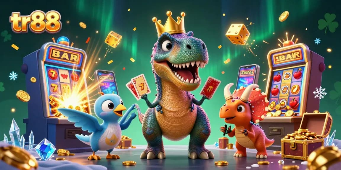 Experience the exciting world of tr88 with a playful scene of dinosaurs enjoying a vibrant casino game with slots and chips.