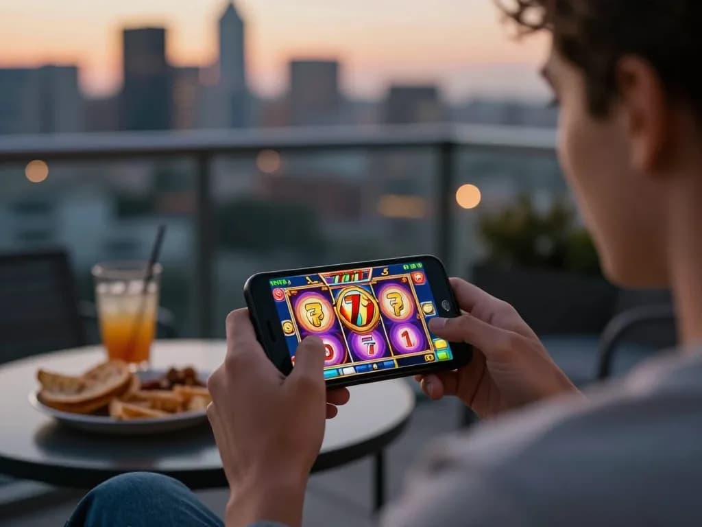 Engaging in slot777 gameplay on smartphone, relaxing with city views and snacks.
