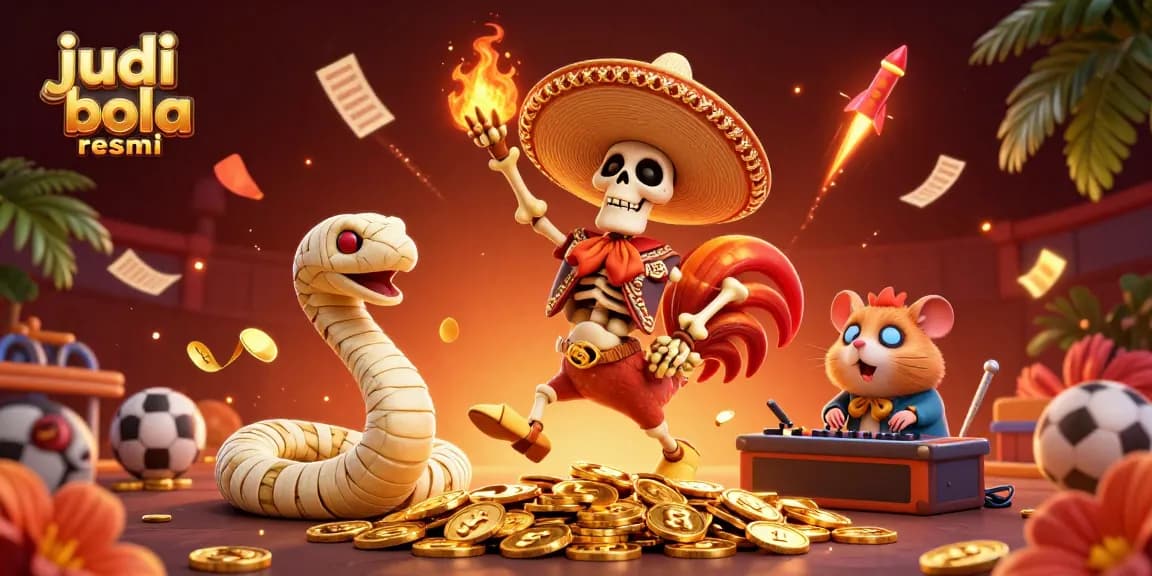 Experience thrilling judi bola resmi action with cartoon characters celebrating at a vibrant casino scene.