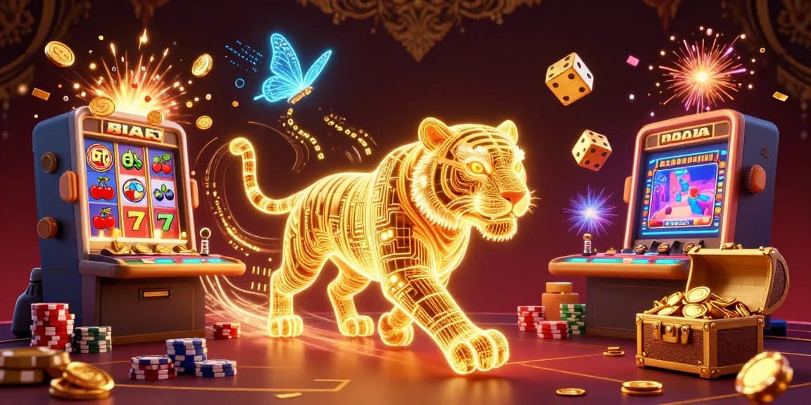Experience ดูหนัง in an explosive digital gambling world, where the golden tiger rules amidst vibrant slot machines.