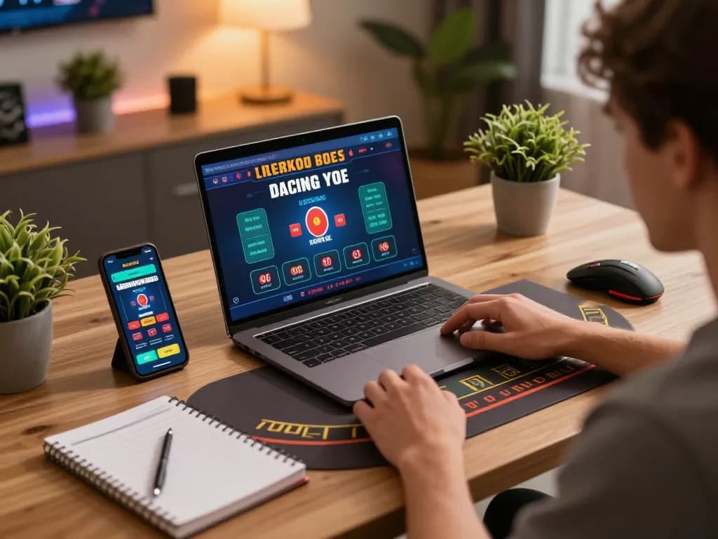 Engaging in online blackjack with llwin on a laptop at home, showcasing responsible gaming.