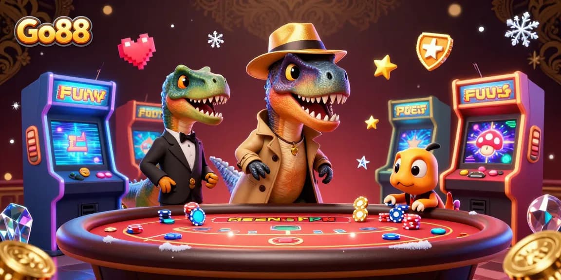 Experience thrilling gameplay at Go88 with cartoon dinosaurs engaging in exciting casino activities.