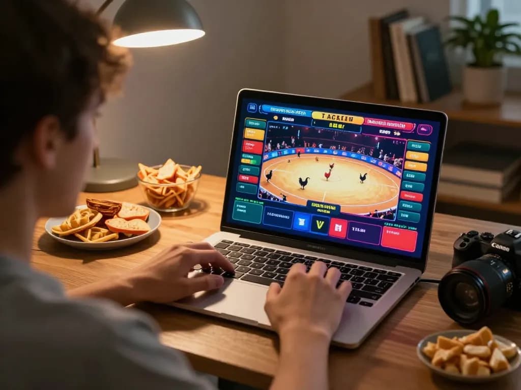 Wala88 user placing bets during a live cockfighting stream on their laptop in a cozy home office.