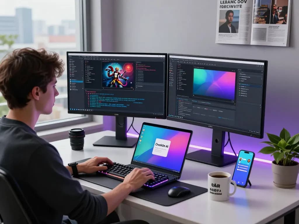 CrushOn AI developer engaged in character creation at a high-tech workspace.
