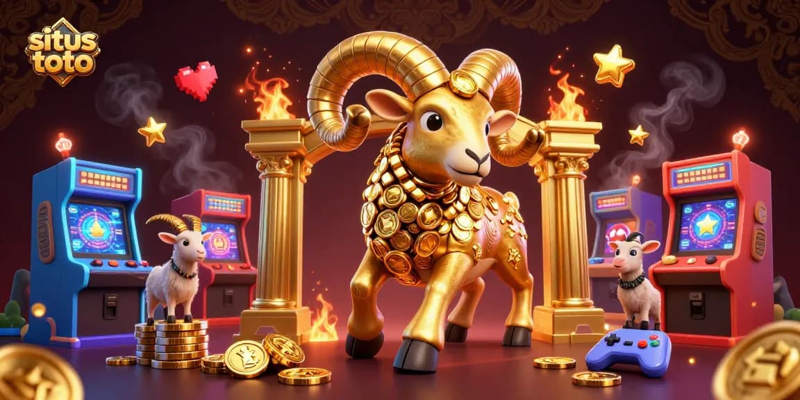 Permainan situs toto dengan ram emas besar dalam pose berlari, dikelilingi mesin arcade 3D cerah.