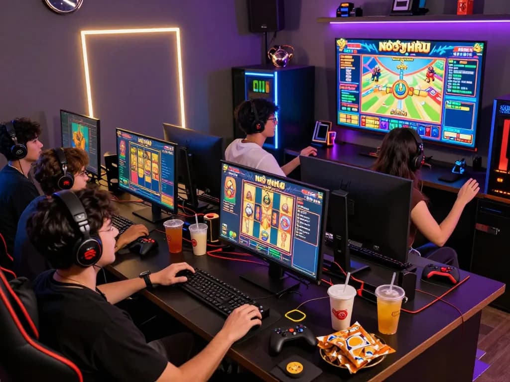 Friends enjoying an intense nổ hũ gaming session with vibrant lights and game decorations.