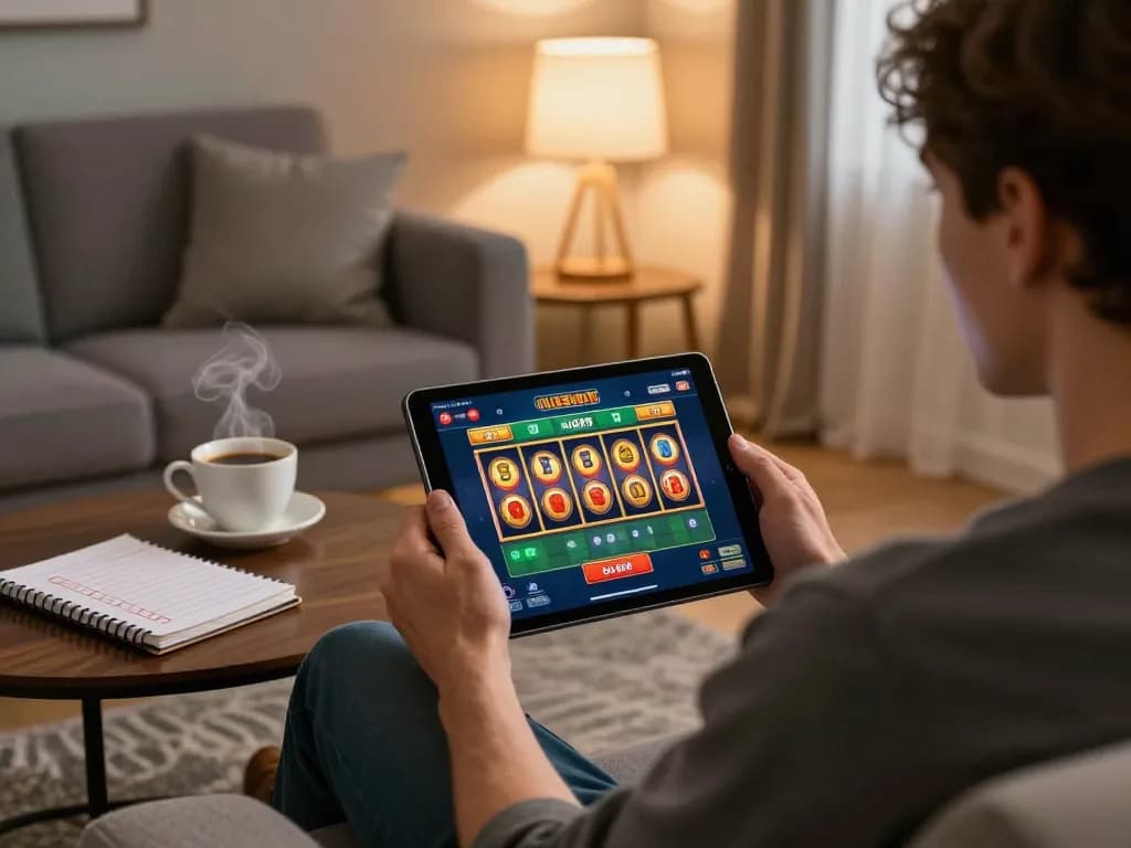 Engaging online gaming with uu88 love app on tablet, cozy living room setting, relaxed atmosphere.