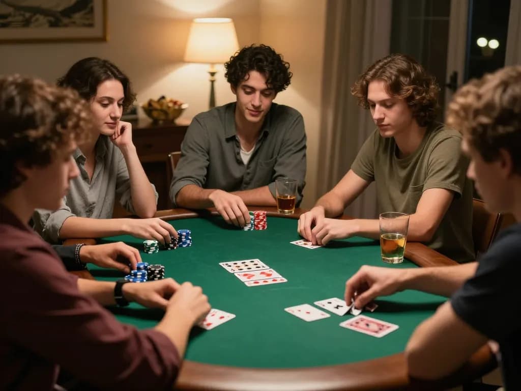 Players enjoying a competitive poker night at home with friends, showcasing their strategic moves at the game around a table.