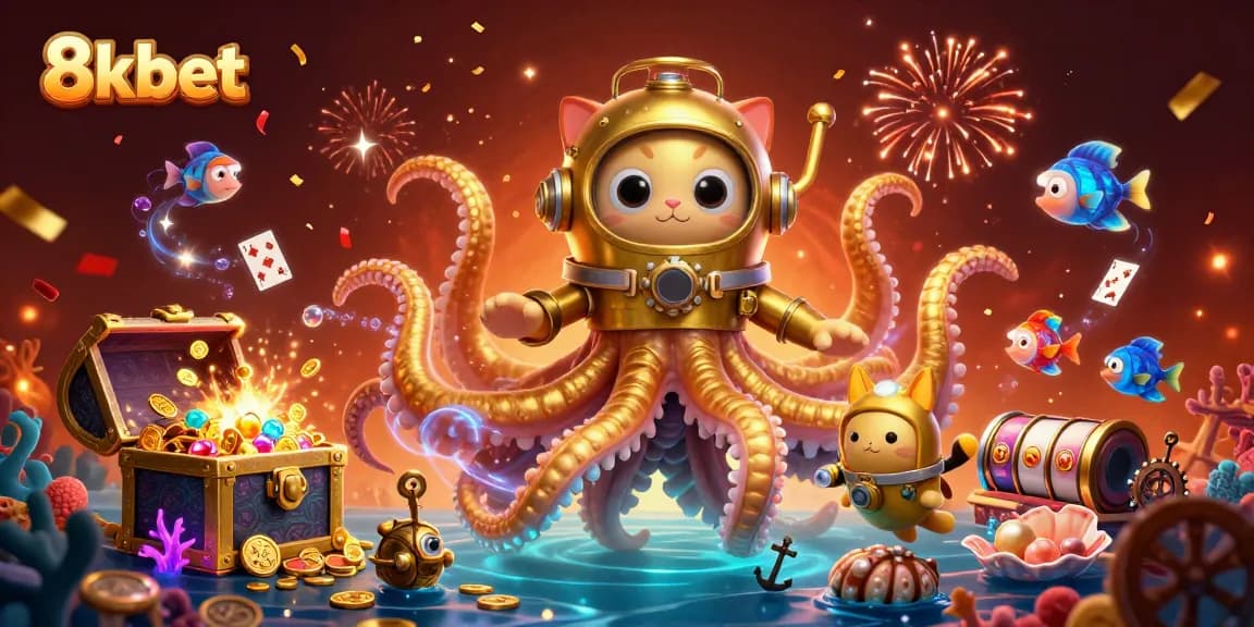 Join the excitement at 8kbet with a kraken and diving cat amidst exploding treasures and gaming fun.