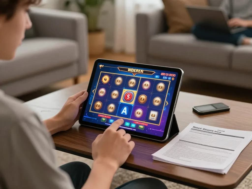 Engaging with slot thailand on a tablet in a cozy living room setting, showcasing responsible gaming