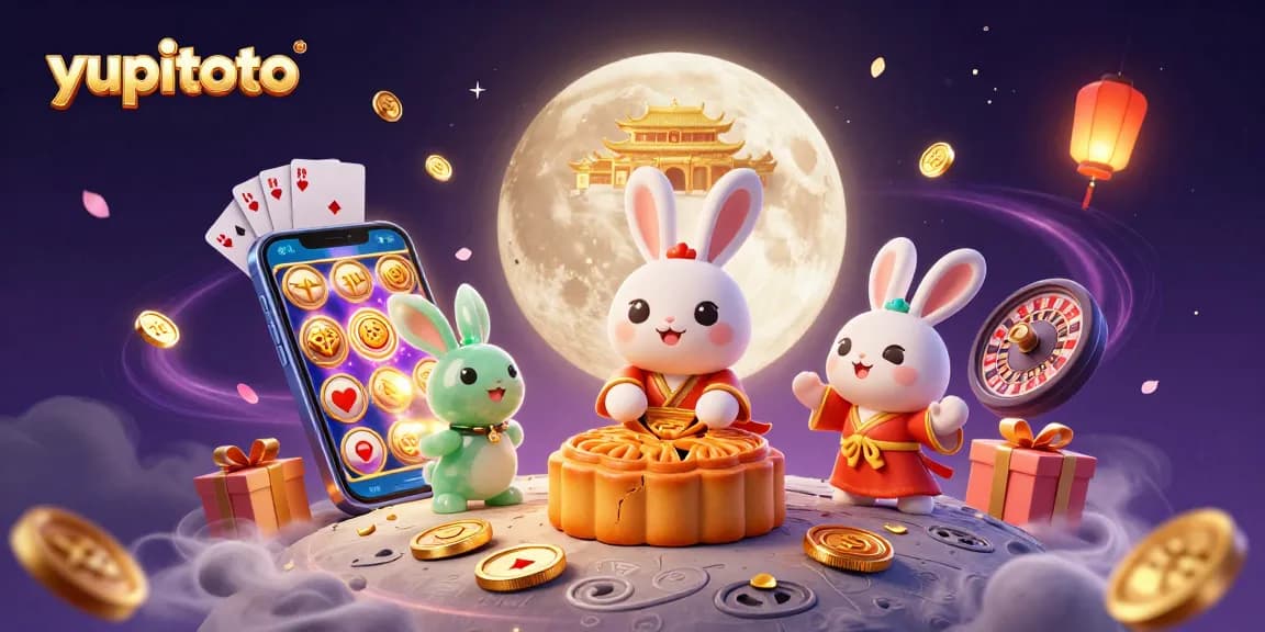 Permainan slot di YUPITOTO mempersembahkan bulan dan kelinci dengan chip poker, dikelilingi dengan elemen kasino.