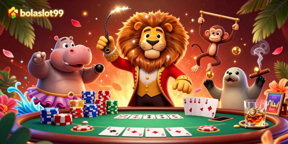 Bettors at bolaslot99 immerse in a vibrant casino scene with animated characters and poker elements.
