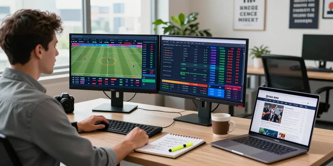 Soi kèo nhà cái analysis in a modern workspace with analysts reviewing live sports betting statistics and insights.