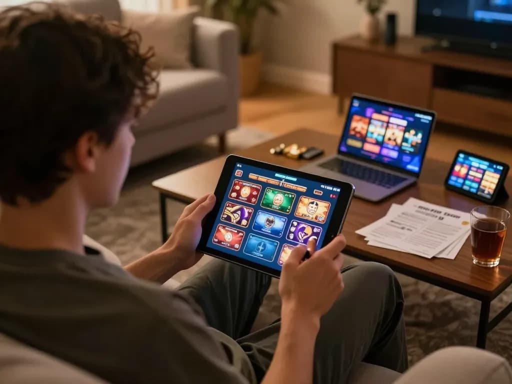 Engaging online gaming experience with boosterjp featured on tablet, showcasing player immersed in strategic slots play.
